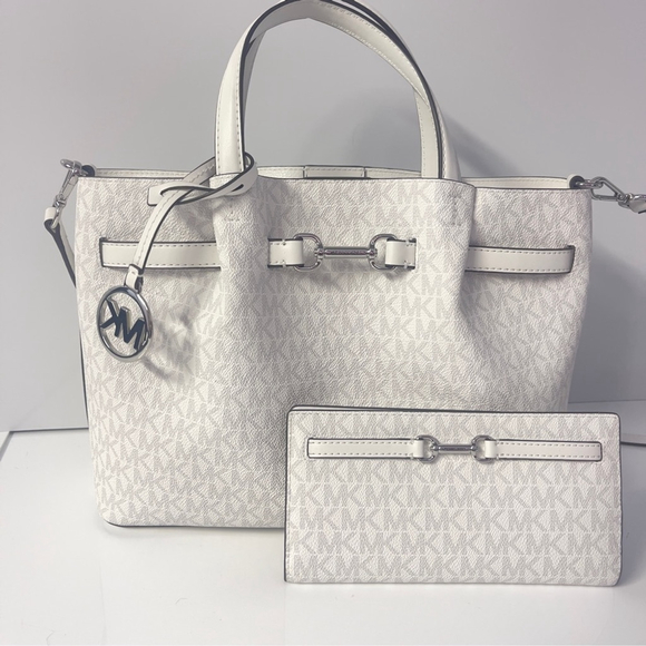Michael Kors Carson Satchel & Wallet Set Optic White MK Signature Logo - Picture 2 of 9